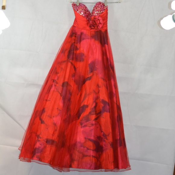 Jovani Red Tulle/Printed Gown SZ 0 - Picture 2 of 11